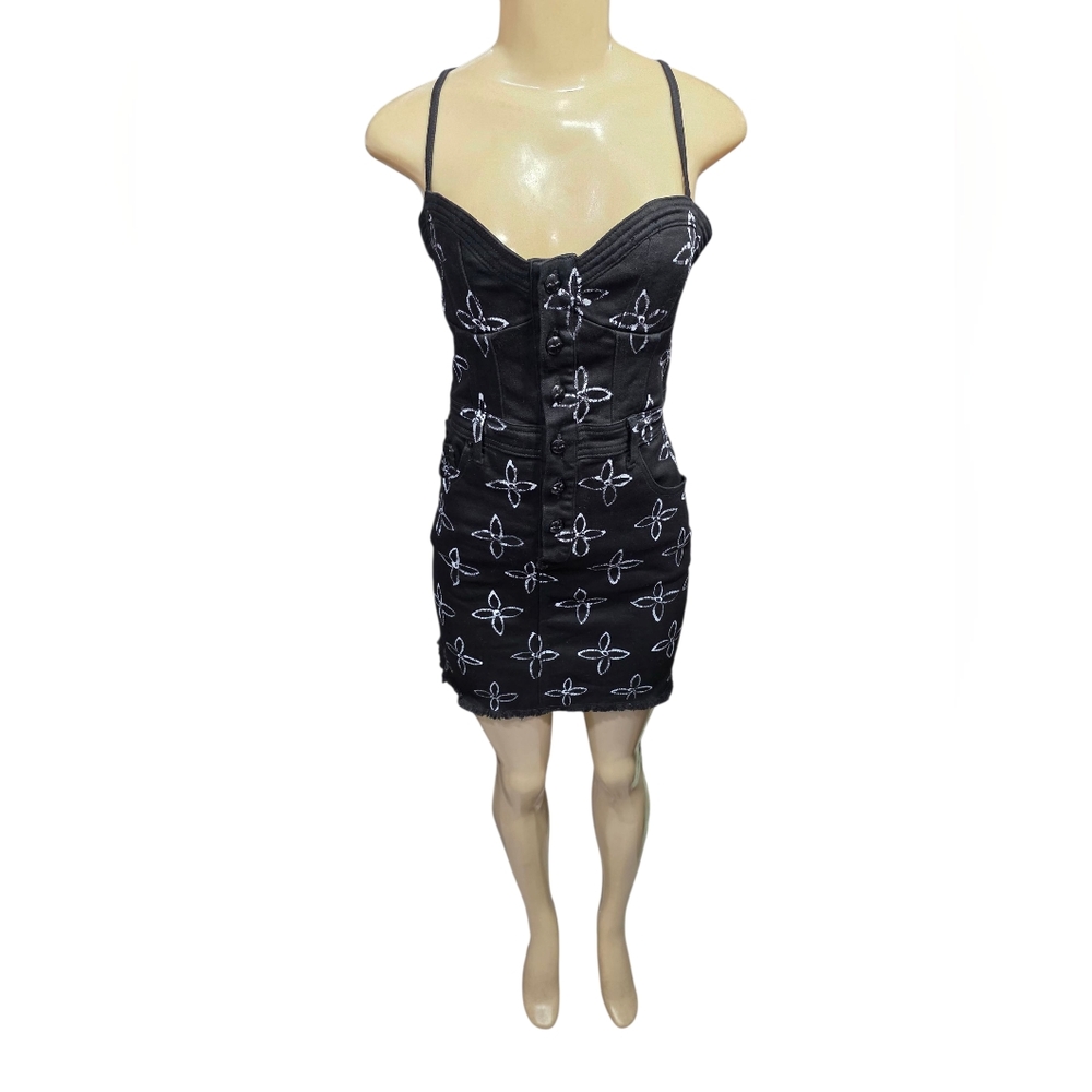 SMFK Black Floral‎ Print Denim Bustier Mini Dress Size M